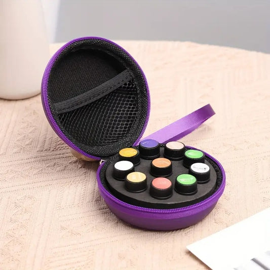 10-Compartment Essential Oil Storage Bag – Purple PU Portable Round Organizer with Handle