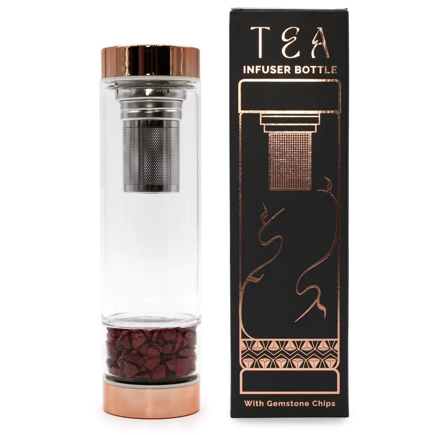 Glass Tea Infuser Bottle with Crystals – Rose Gold – Amethyst