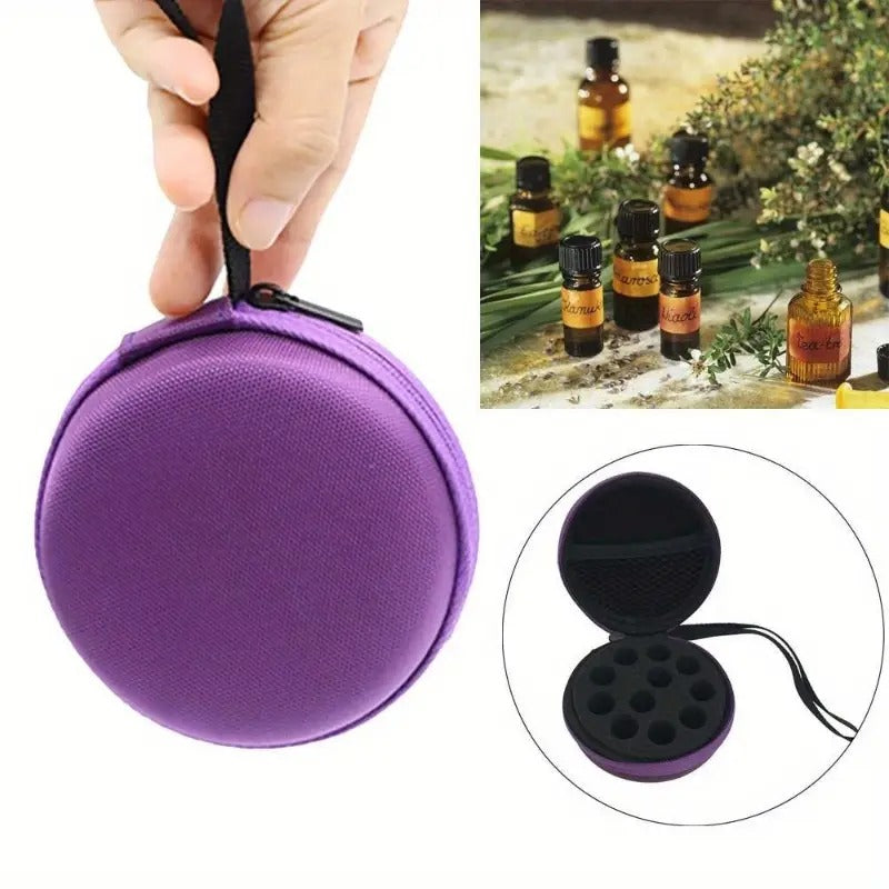 10-Compartment Essential Oil Storage Bag – Purple PU Portable Round Organizer with Handle